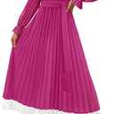 ZESICA Women's Spring Long Sleeve Chiffon Dress Casual Crew Neck Pleated A Line Flowy Midi Dresses with Belt, S, Pink