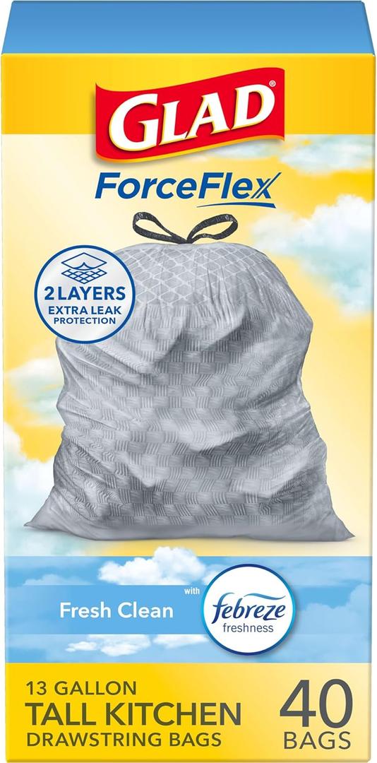 Glad ForceFlex Drawstring Trash Bags, 13 Gal, Fresh Clean, 40 Ct (Package May Vary)