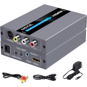 RCA Svideo to HDMI Converter, RCA Composite CVBS AV or Svideo + R/L Audio Input to HDMI Output Upscale Converter, Supports 720P/ 1080P Output Switch for N64, PS2, Wii, DVD