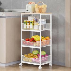 HapiRm Fruit Basket Kitchen Cart - 4-Tier Rolling Storage Cart with Wheels, Wood Top Utility Pantry Cart for Vegetables, Potatoes, Onions, Bread, Snacks (White)