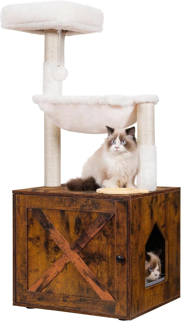 Hey-brother Cat Tree with Litter Box Enclosure, All-in-one Cat Tower for Indoor Cats with Large Hammock, Bed, Food Station, Scratching Posts, Modern Style Pet Furniture, Rustic Brown MPJ100SR