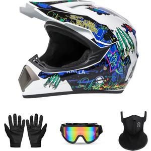Youth Sport Full-Face Helmet for BMX, Mountain Bike & Off-Road Motocross Helmet, DOT Certified Motorcycle Helmet for Dirt Bike & ATV, Lightweight and Comfortable, 4-Piece Set (Large, White Claw)