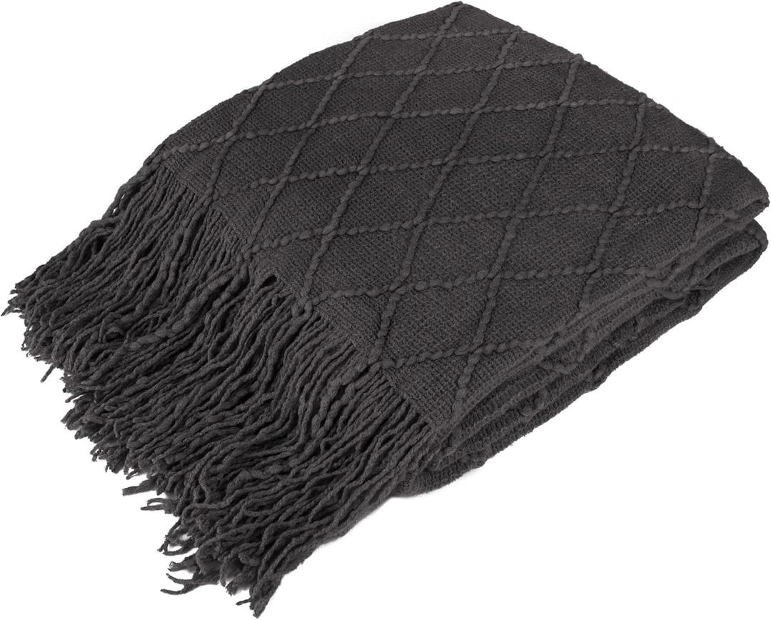PAVILIA Dark Gray Knit Throw Blanket for Couch Bed, Soft Knitted Farmhouse Sofa Throw for Living Room, Lightweight Decorative Summer Throw Blanket for Chair, Outdoor Textured Boho Blanket, 50x60