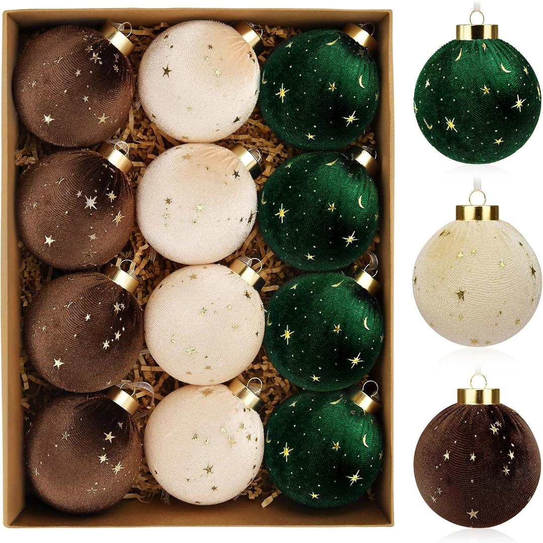 Christmas Tree Ornaments Velvet Balls - 12 Pcs Shatterproof Christmas Tree Hanging Bulbs Decorations Set for Holiday Party Xmas - Multicolor Green Brown Neutral - 3.15 Inch (80mm)