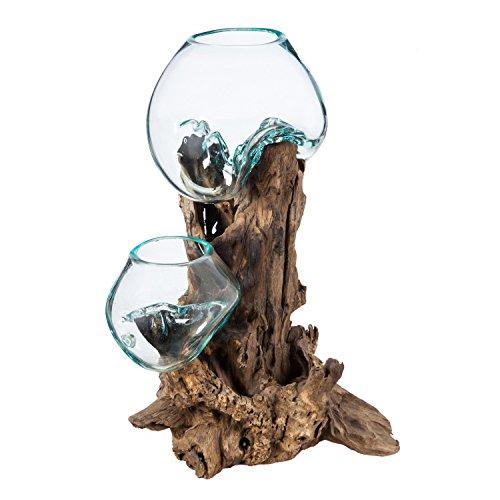 Cape Craftsmen 11-Inches Tall Hand-Blown Blue Tinted Bubble Glass On Natural Teak Driftwood Terrarium | Home Décor Indoor Planter with Stand | Pot for Succulent and Plants