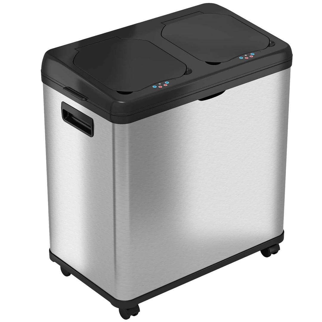 iTouchless 16 Gallon Touchless Trash Can and Recycle Bin, Stainless Steel, Dual-Compartment (8 Gal each), Kitchen Recycling and Garbage (Silver, Sensor Dual 16 Gal)