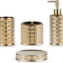 Gold Bathroom Accessory Set, 4-Piece Ceramic Bathroom Decorations Accessories Sets Includes Lotion Dispenser, Toothbrush Holder Tumbler and Soap Dish
