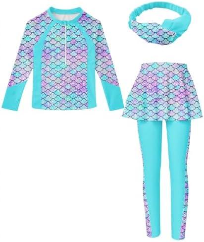 Girls Long Sleeve Rashguard Half Zip Swimsuits UPF 50 Two Piece Swim Sets with Hairband 11-12y, Mermaid
