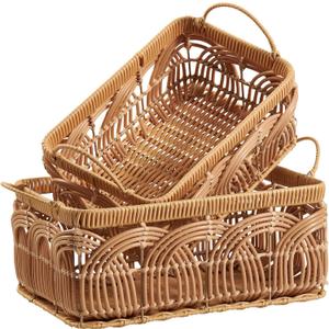 2PCS Plastic Wicker Storage Baskets Set Decorative Bohemian Handmade Woven Bathroom Boxes Bins Shelf Closet Cloth Toilet Paper Container Laundry Organizer with Handles Removable Liner (Set of 2 ( 1 Large 1 Small ), Light Brown)