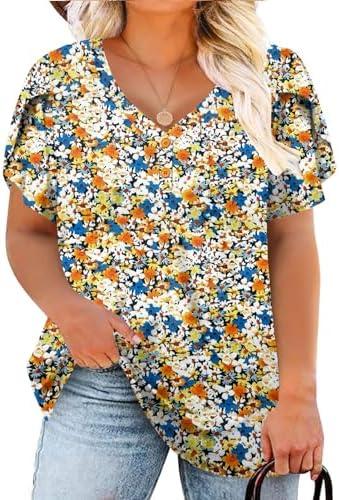 DOLNINE Womens Plus-Size Tops Petal Short Sleeve Shirts Summer Casual V Neck Loose Tee Size XL
