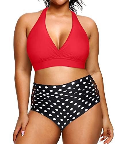 High Waisted Two Piece Plus Size Halter Bikini Swimsuits For Curvy Women-Red Dot, 20W