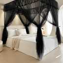 AIKASY 4 Corners Post Ruffle Princess Bed Canopy Curtain - Double Layer Cozy Drape Netting with 4 Openings - Elegant Mosquito Net for Girls and Adults Bedroom Decoration (Black, King)