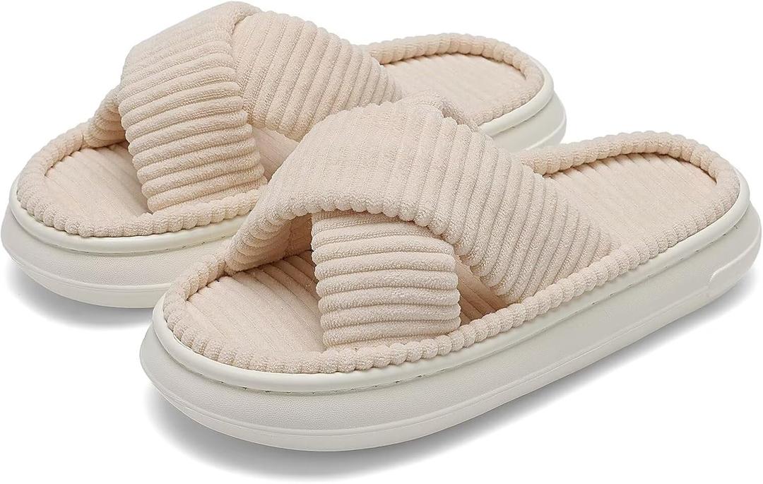 NineCiFun Platform Slippers for Women Indoor and Outdoor Women's Summer Slippers Open Toe Slide House Bedroom Shoes (9-10, Beige)