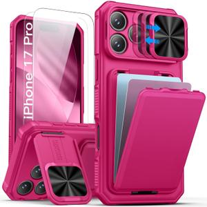 SSLOTSCASE for iPhone 17 Pro Case with 2X Screen Protector, [9H Hardness] Military Grade Shatterproof, Card Holder & Kickstand & Slide Lens Cover, Heavy Duty Phone Case for iPhone 17 Pro 6.3'', Pink