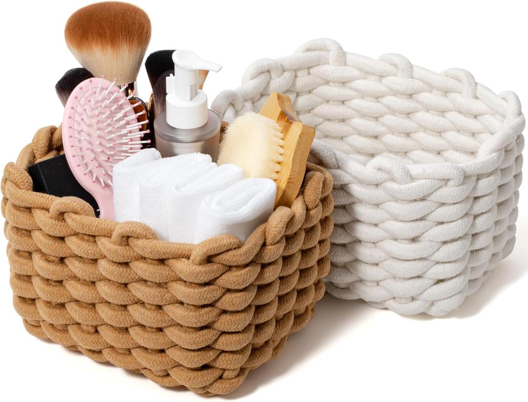 Small Macrame Woven Storage Baskets 2 Pack – Boho Cotton Rope Bins for Bathroom, Bedroom, Desk & Vanity Organizer – White & Khaki, 7x5.5x5 Inches