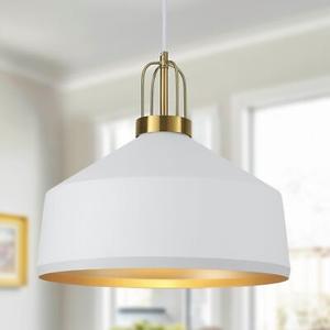 Febeleven 13.77" Dome Pendant Light Modern White and Gold Chandelier for Dining Room Adjustable Metal Hanging Lighting Fixture for Kitchen Island Bedroom Restaurant and Hallway