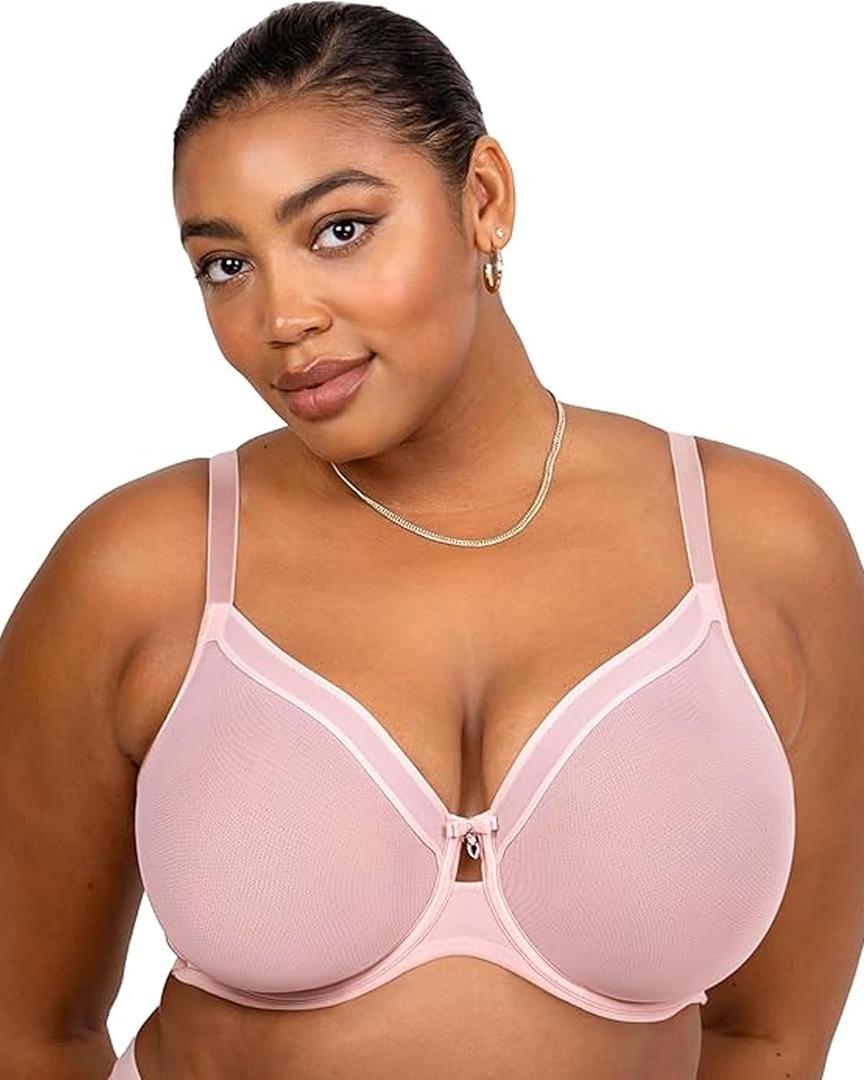 Curvy Couture Womens Sexy Sheer Mesh Plus Size Full Coverage Bra, Blushing Rose, 34DD