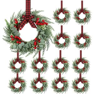 12 Pcs 8" Mini Christmas Wreaths for Kitchen Cabinet Small Christmas Candle Rings Wreaths, Front Door Pillars/Home Table Centerpieces Hanging Garlands, for Windows/Wedding Decor (No Red Ribbon)