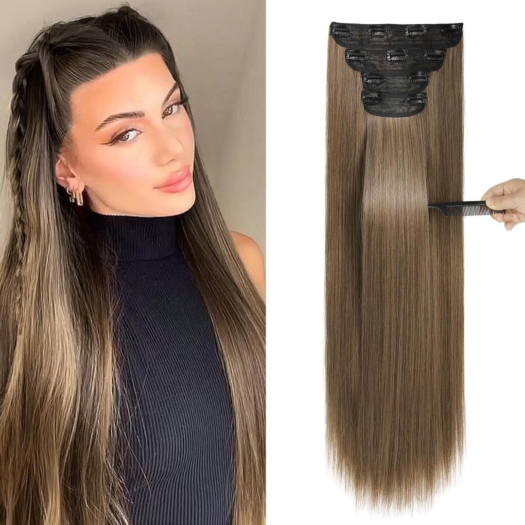 REECHO 28" Straight Long 4 PCS Set Thick Clip in on Hair Extensions - Light Ash Brown