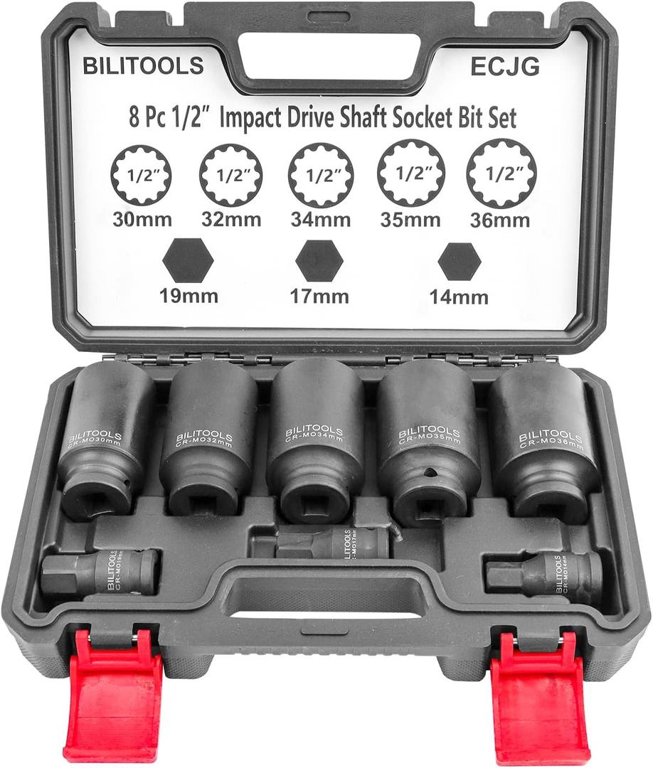 BILITOOLS 12 Point Axle Nut Socket Set, 1/2" Drive Spindle Axle Nut Impact Deep Socket Set 14mm, 17mm, 19mm, 30mm, 32mm, 34mm, 35mm, 36mm