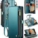 Defencase Compatible with iPhone 17 Case Wallet with RFID Blocking Card Holder for Women and Men, Fashion PU Leather Magnetic Snap Flip Zipper Strap Wallet Phone Case for iPhone 17 6.3", Blue Green