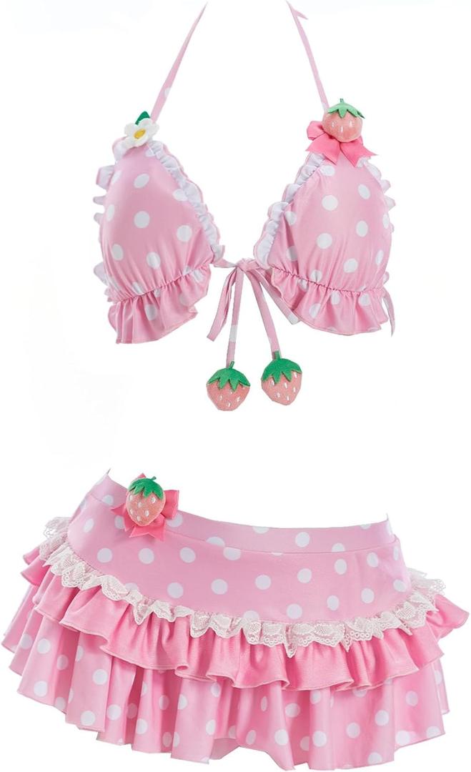 haikyuu Women Strawberry Bikini Set Vintage Polka Dots Swimsuit Kawaii Cute Bathing Suit Y2k Swimwear (Pink, S)