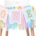 Rainbow High Chair Banner for 1st Birthday - Baby Girl Rainbow Smash Cake for Photo Props, First Birthday Photo Background, Macarons Color Ribbon (Rainbow High Chair Banner)