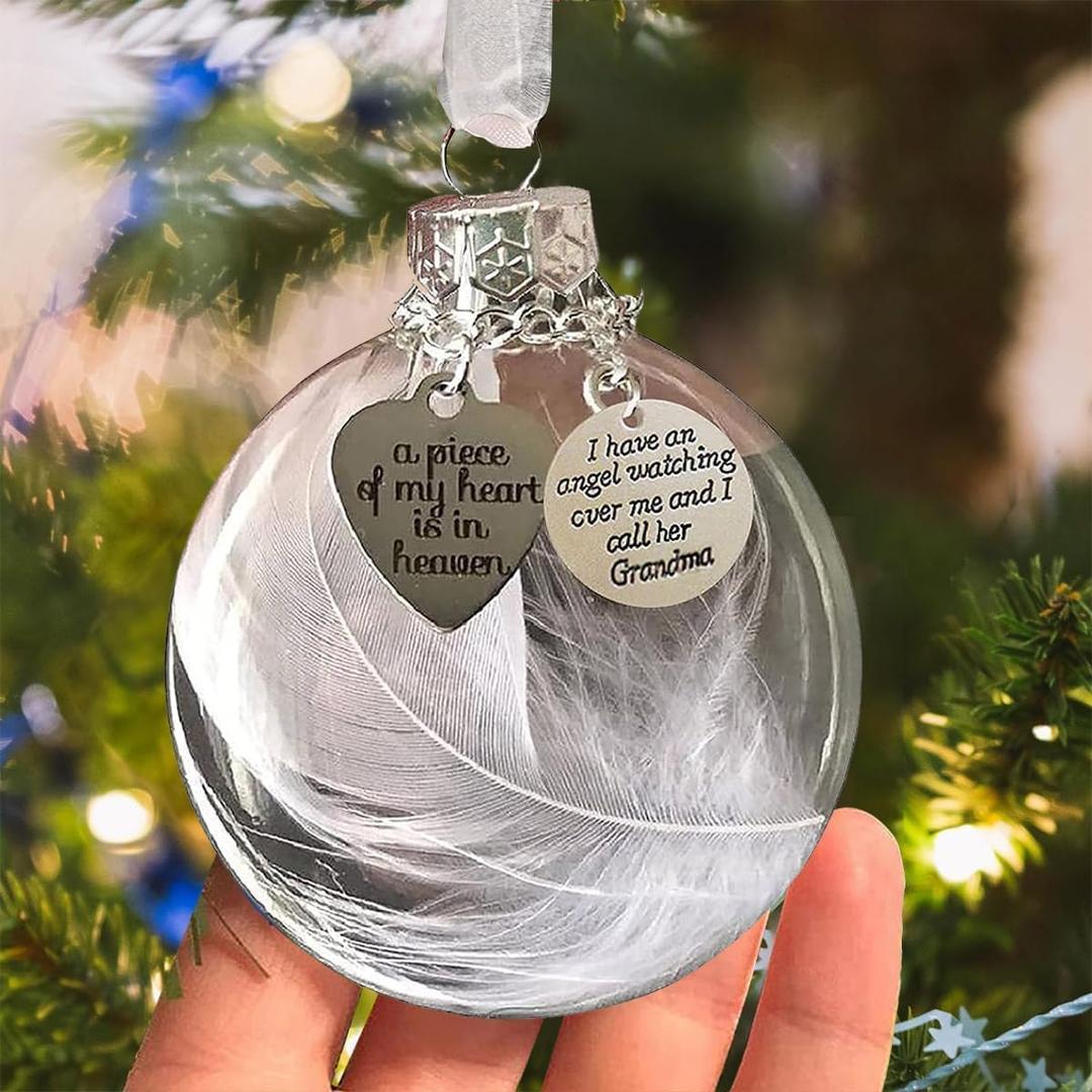 Memorial Ornaments Christmas Clear Feather Ball, A Piece of My Heart is in Heaven, Sympathy Gift for Loss of Loved One (Grandma)