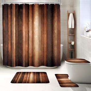 MESHELLY Brown 4Pcs Shower Curtain Sets Rustic Bronze Tan Ombre Stripe Rust Copper Earth Tone Bathroom Set Decor with Rug, Toilet Lid Cover, Bath Mat, Vintage Simple Bathroom Curtain with 12 Hooks