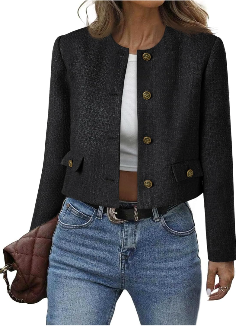 Cicy Bell Womens Cropped Tweed Blazer Collarless Button Down Bomber Jacket Business Casual Fall Outfits S