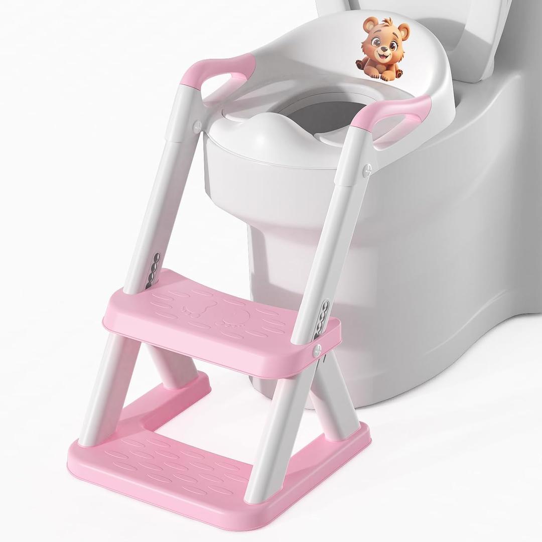 Potty Training Seat, SKYROKU 8868 Toddler Toilet Seat for Kids Boys Girls, 2 in 1 Potty Training Toilet, Splash Guard Anti-Slip Pad Step Stool, New Sector-Shape Stabilized Base (8868-Pink)