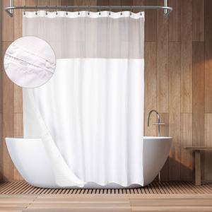 Barossa Design Hotel Style Cotton Shower Curtain with Snap-in Fabric Liner, 75" Long, Mesh Window Top, Honeycomb Waffle Weave Cotton Blend Fabric, Washable, White, 71x75 Inches
