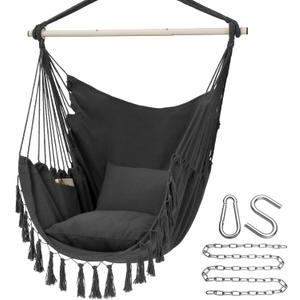 Y- STOP Hammock Chair Hanging Rope Swing, Max 500 Lbs, 2 Cushions Included, Large Macrame Hanging Chair with Pocket, Cotton Weave for Superior Comfort, Durability (Dark Grey)