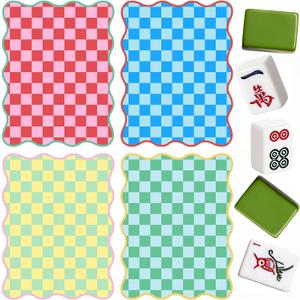 Soulchen 4 Pcs 2026 Mahjong Shuffler Cards Thick PVC Tile Mixers with Wavy Scalloped Edges Fun Game Accessories for Mixing Tiles Funny Mahjong Gifts for Lovers Playing Game(Colorful Checkered)