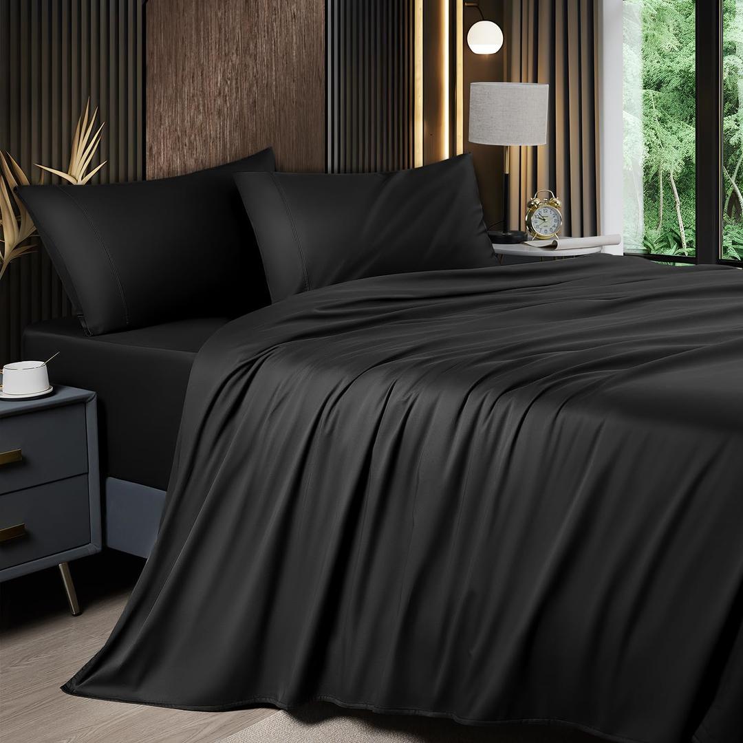 Shilucheng 4 Piece California King Sheet Sets, Cooling Sheets, Blend Rayon Derived from Bamboo, Deep Pocket Up to 16", Breathable & Soft Bed Sheets, Hotel Silky Bedding Set, Black