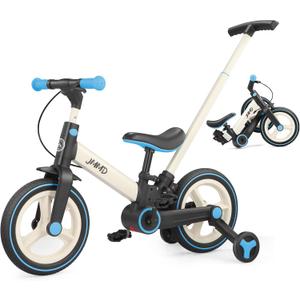 JMMD Toddler Bike with Push Handle for Kids 18-60 Months, 6 in 1 Foldable Push Bike with Training Wheels, Pedals, Brakes, Kickstand, Kid Balance Bike Gift & Toys for Boy & Girl (Large, Blue)