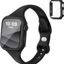 Thin Slim Band and Case Compatible for Apple Watch Bands Women Men 40mm 44mm 42mm 46mm 41mm 45mm, Silicone Sport Strap Cover and Screen Protector for iWatch Series 11/10/9/8/7/6/5/4/SE 3 (Black)