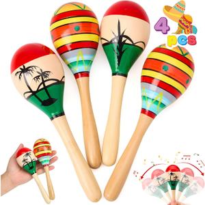 JOYIN 4 PCS Cinco De Mayo 7.6" Wooden Maracas for Kids, Maraca Magic, Wooden Noisemaker for Mexican Fiesta Party Favors, Musical Fun Parties, Luau Party, Carnivals, Taco Tuesday Event