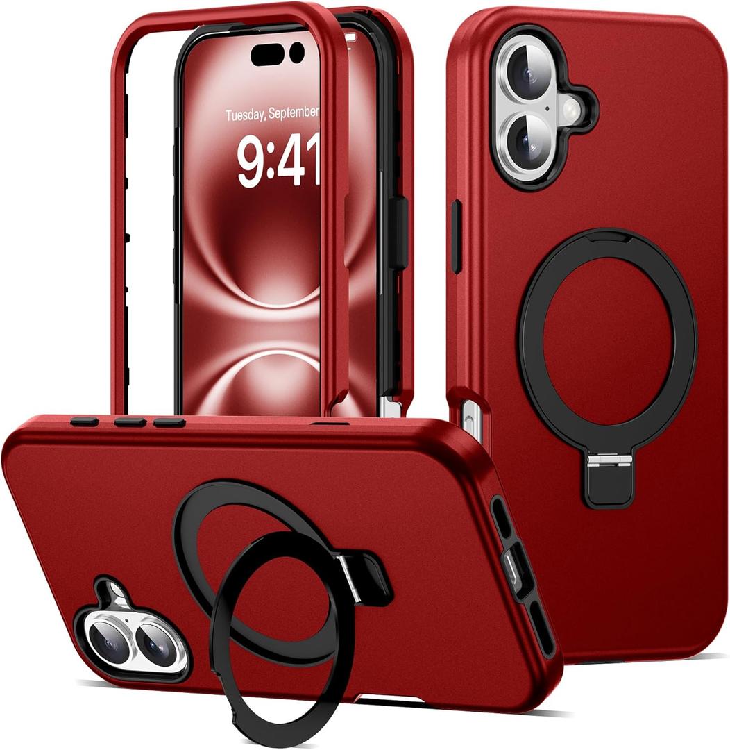 Compatible with iPhone 16 Case 6.1'' with Magnetic Ring Stand [Military Drop Protection][Compatible with Mag-Safe] Shockproof 16 Phone Case for Men Wowen,Red