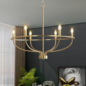 6 Light Gold Chandelier, Brushed Gold Light Fixture Dining Table Candle Brass Chandelier Lighting for Bedroom Hallway Entryway Living Room Kitchen 29in Brushed Brass Chandeliers