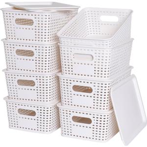 Plastic Storage Baskets with Lid - Plastic Storage Containers Stackable Storage bins: Storage Baskets for Organizing Shelves Drawers Desktop Closet Playroom Classroom Office, 8 Pack-White
