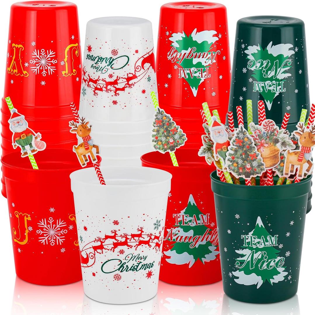 Ainibar 24 Pack Christmas Party Cups - 16oz Red, Green & White Stadium Cups with 24 Paper Straws, Festive Designs for Holiday Celebrations