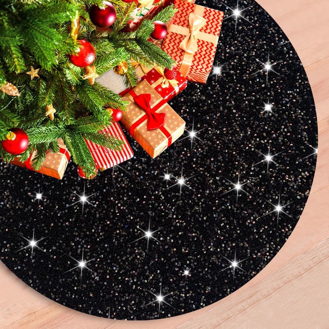 Christmas Tree Skirt Black Sequin Velvet Xmas Tree Skirt 60 Inch Glittery Large Christmas Tree Mat Sparkly Christmas Tree Skirts Soft Shiny Tree Skirt for Artificial Tree Home Party Decor