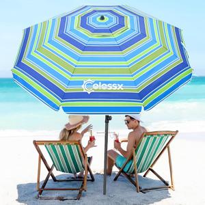 Beach Umbrella for Sand - Windproof Heavy Duty Iron Pole with Sand Anchor, UPF 50+ UV Protection & Tilt Mechanism, Portable Sun Shade Parasol, Carrying Bag for Beach Patio Garden Outdoor