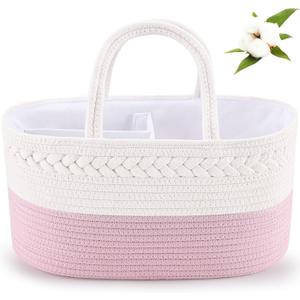 ABenkle Diaper Caddy Organizer - Cotton Rope Nursery Storage Basket for Baby Essentials, Boys & Girls Shower Gift, Changing Table Organizer, Pink (Large)