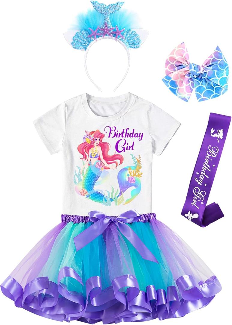 Doctor Unicorn Birthday Girls Mermaid Outfit Set Costume Tutu Skirt Dress, Mermaid Birthday Shirt, Headband & Satin Sash (6-7 Years, White/Blue Tutu-2)