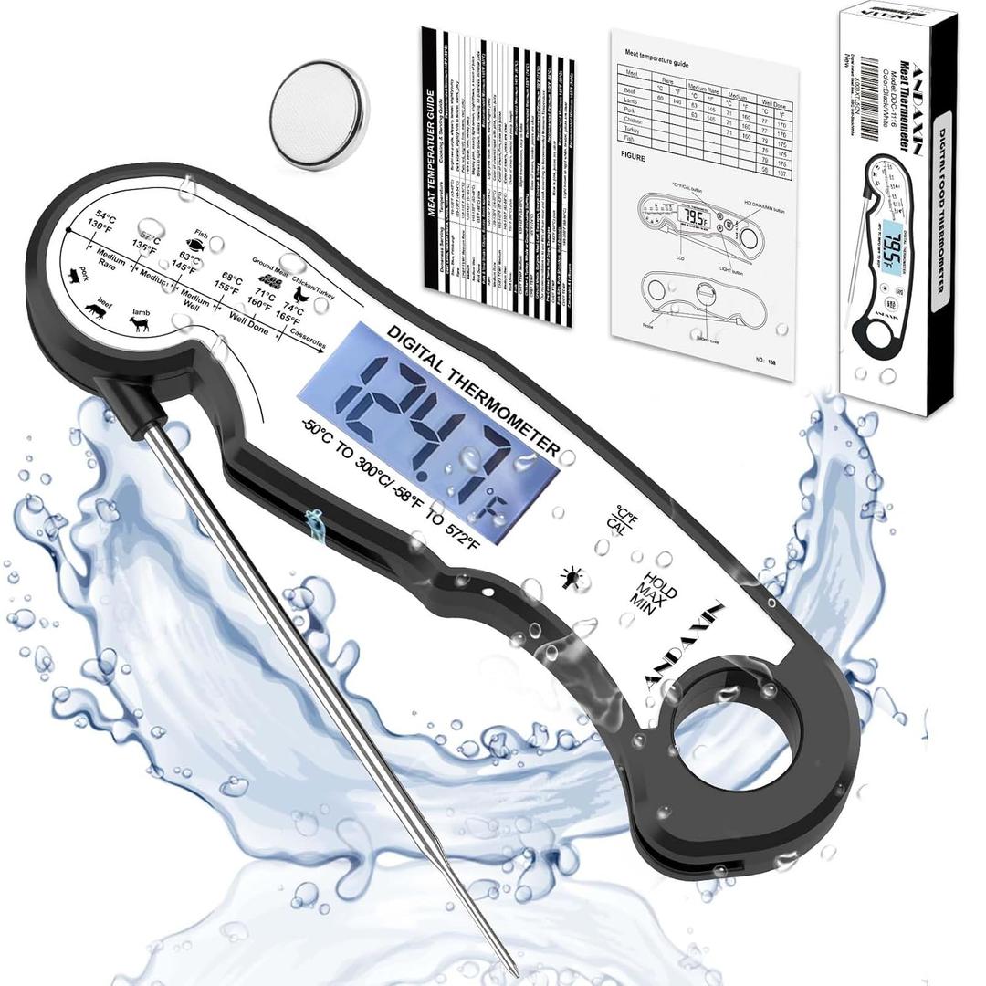 Digital Instant Read Meat Thermometer Digital for Grilling and Cooking - ANDAXIN Waterproof Ultra-Fast Thermometer with Backlight&Calibration&Foldable Probe for Kitchen,Deep Fry,BBQ,Grill-Black/White
