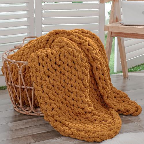 Bigacogo Chunky Knit Throw Blanket for Couch, 40x60 inches, 100% Hand Knitted with Thick Jumbo Chenille Yarn, Cozy Soft Large Rope Knot Cable Crochet Blankets for Sofa Bed Living Room, Burnt Orange