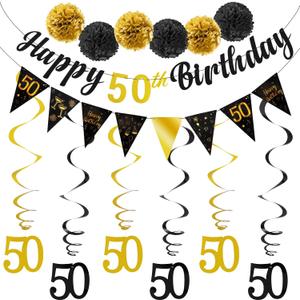 TOBATOBA 50th Birthday Decorations Kit for Men Women, Black Gold Happy 50th Birthday Banner, Triangle Flag Banner 50th Birthday Party Decorations, 50 Year Old Birthday Party Supplies