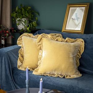 GLORY SEASON Velvet Throw Pillow Cover Soft Decorative Luxurious Solid Square Cushion Case for Sofa Couch Bedroom Farmhouse, Pack of 2, 18 x 18 Inches, Butter Yellow